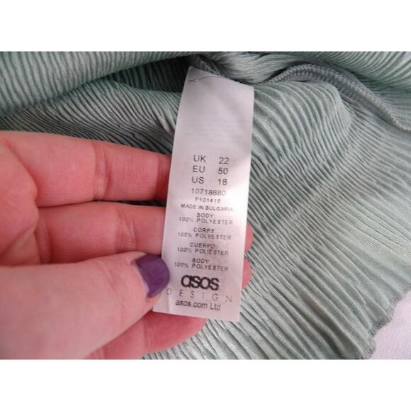 Asos Curve Design Sz 18 Top Blouse Shirt Crinkle Mint Green Deep V Puff Sleeve - Picture 12 of 13